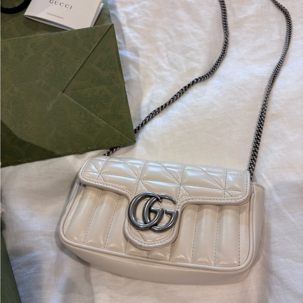 Gucci Quilted GG Marmont Crossbody Bag White MINT